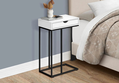 Accent Table C-shaped white drawer table with black metal legs in a bedroom setting, topped with vase, books, and smartphone on Tampa Home & Garden Store