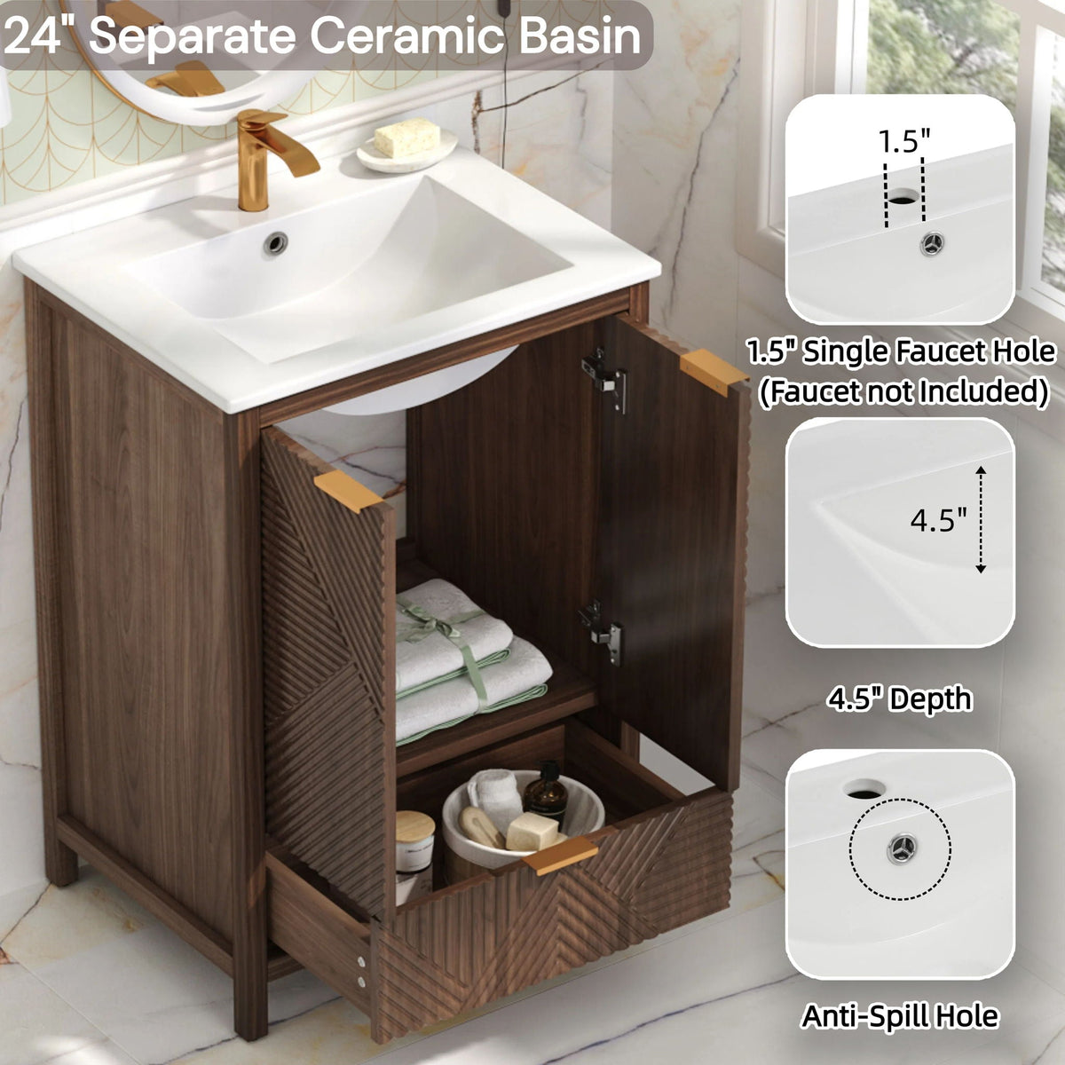 HouseOfZazla Modern Bathroom Vanity with Sink Combo dark brown wood cabinet, white ceramic sink on Tampa Home & Garden Store