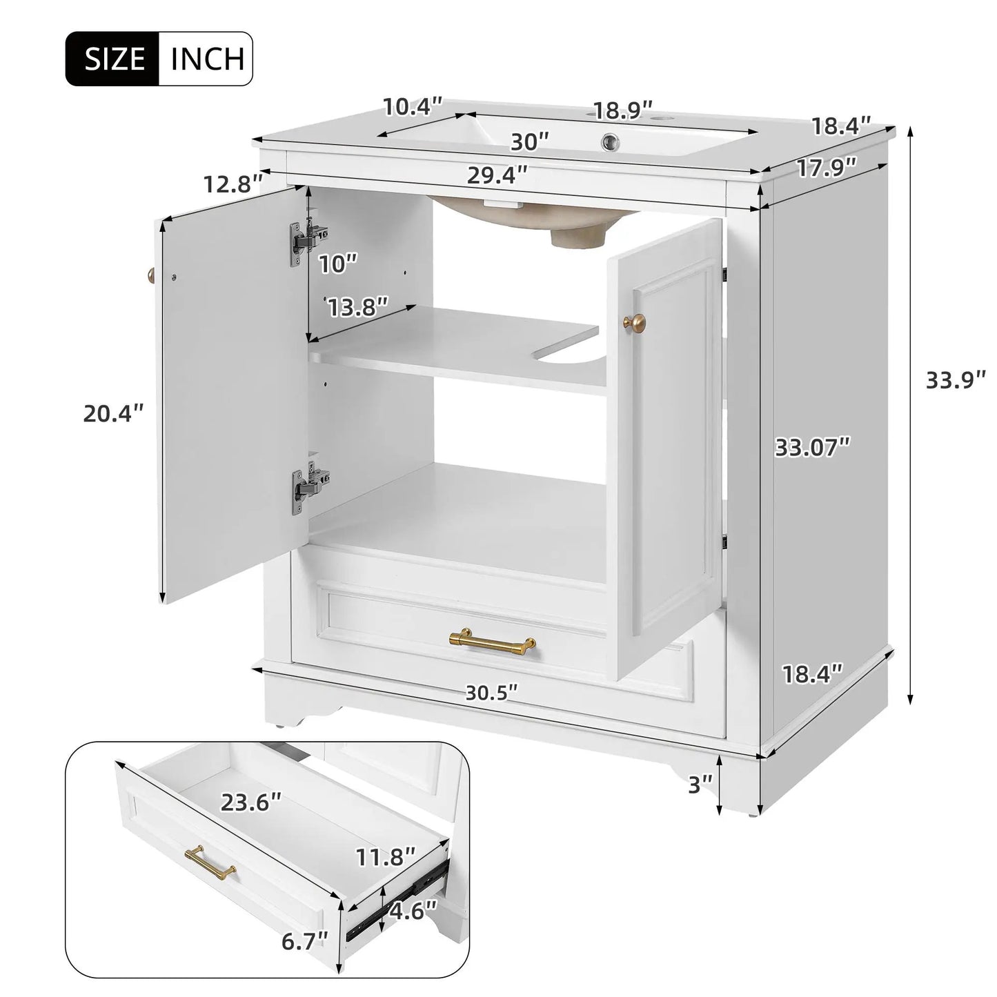 Bathroom vanity with sink in white, 2 soft closing doors and adjustable shelf on Tampa Home & Garden Store