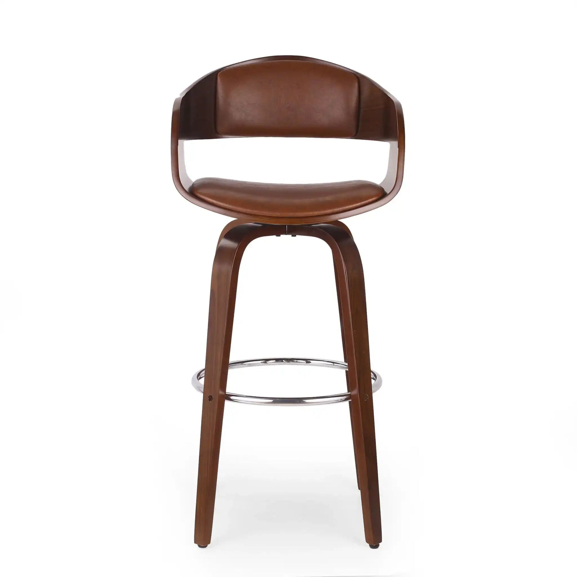 Modern Bar Stool with Swivel Function, brown leather upholstery and curved wooden frame by HouseOfZazla on Tampa Home & Garden Store