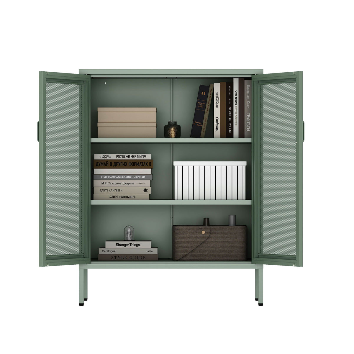 Metal accent cabinet with adjustable shelves in green finish and mesh door panels on Tampa Home & Garden Store