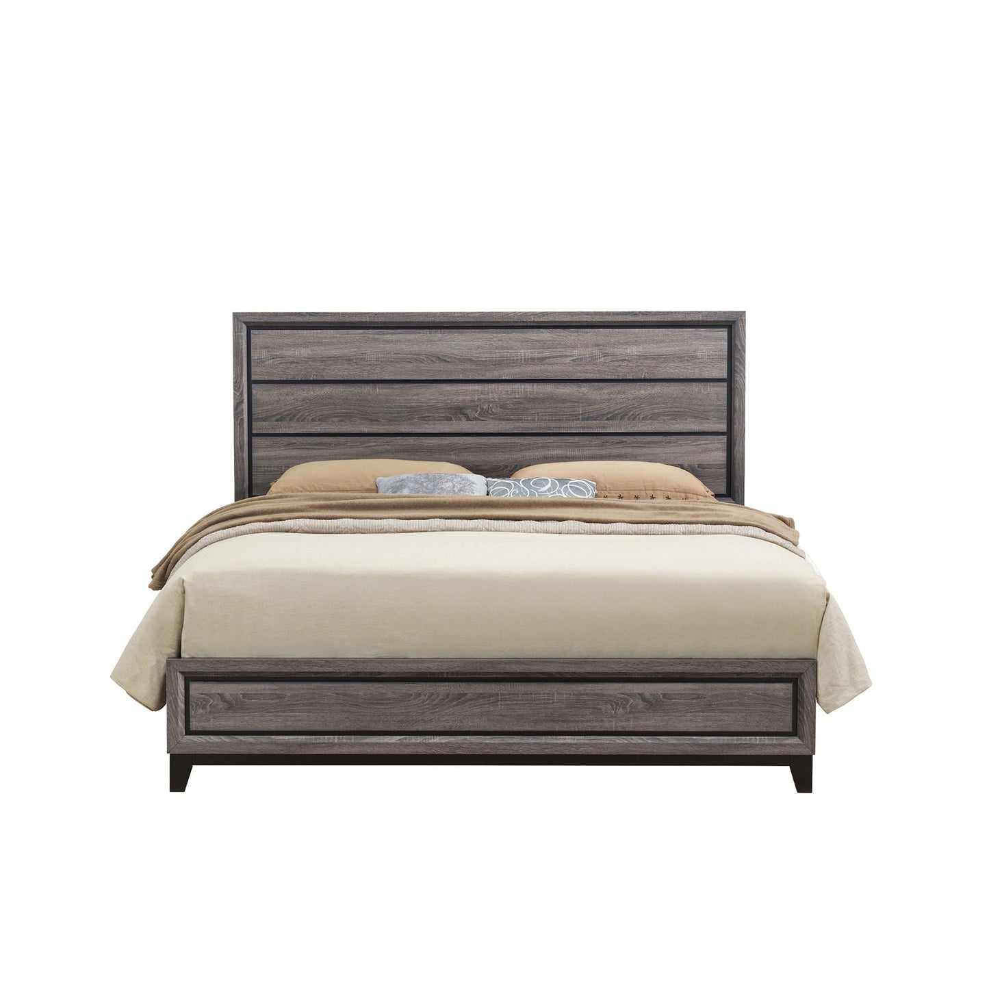 Mirage Bed by HouseOfZazla, panel bed with woodgrain headboard and footboard, beige bedding on Tampa Home & Garden Store
