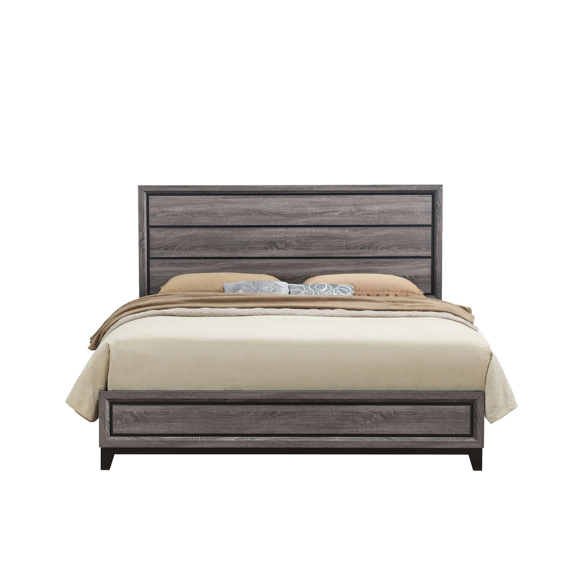 Mirage Bed by HouseOfZazla, panel bed with woodgrain headboard and footboard, beige bedding on Tampa Home & Garden Store