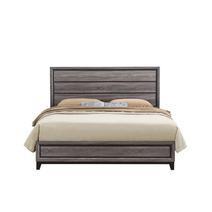 Mirage Bed by HouseOfZazla, panel bed with woodgrain headboard and footboard, beige bedding on Tampa Home & Garden Store
