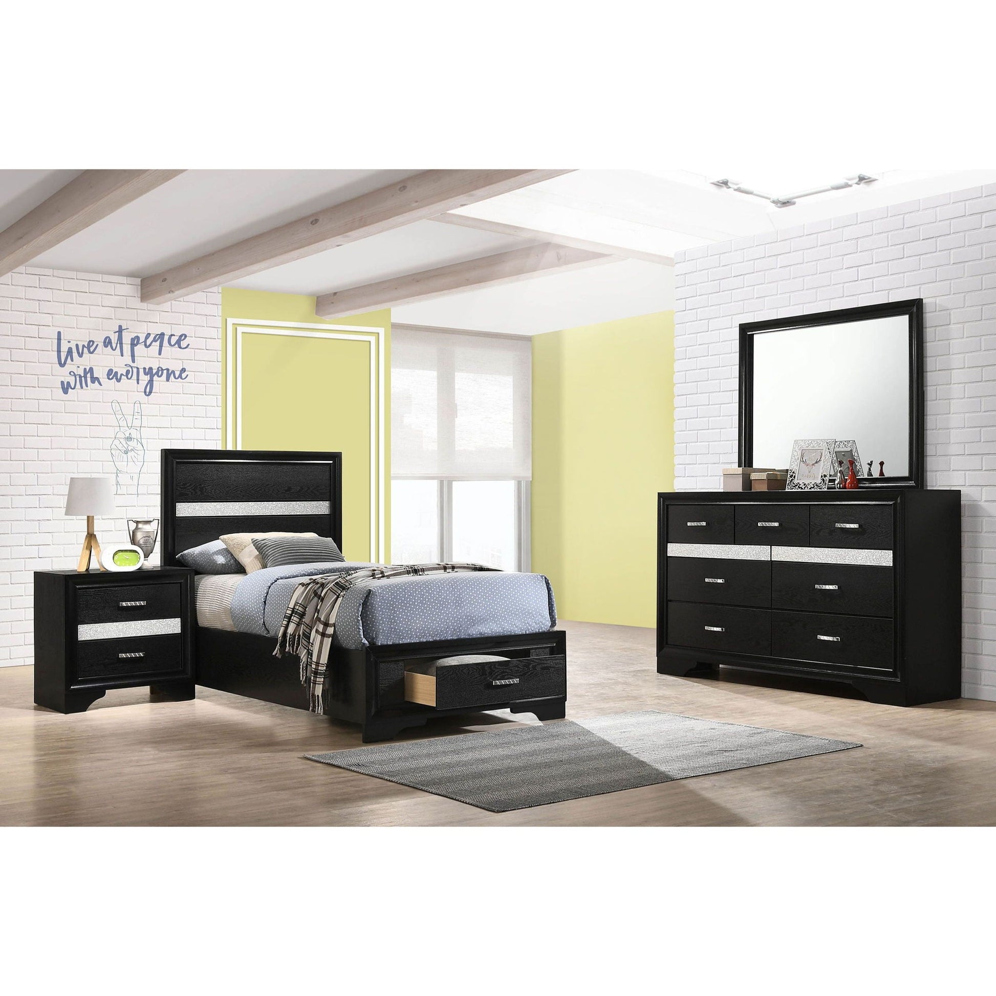Annie 4 Piece Bedroom Set by HouseOfZazla, black wood bed, two nightstands, dresser with mirror on Tampa Home & Garden Store
