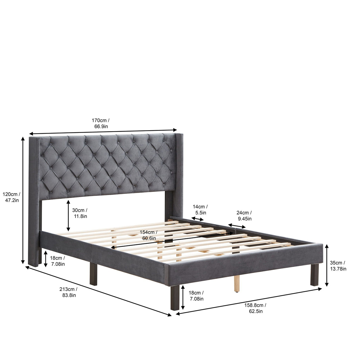 Queen platform tufted bed with winged gray headboard by HouseOfZazla with wood slat support on Tampa Home & Garden Store