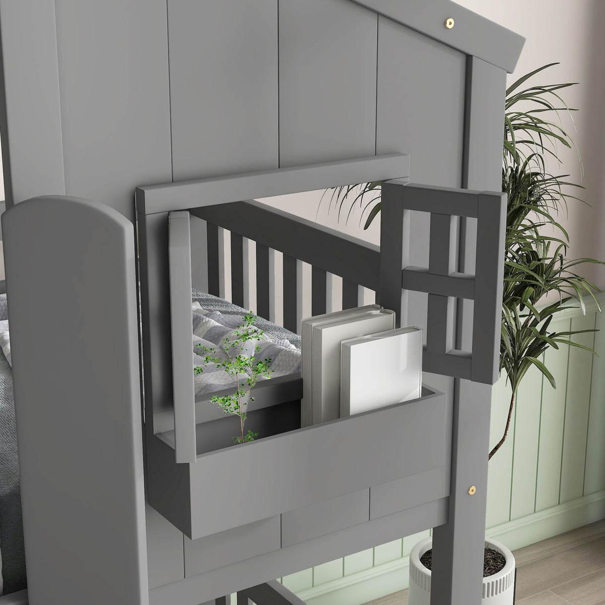 HouseOfZazla gray bunk bed with roof, window, window box, door, safety rails and ladder on Tampa Home & Garden Store
