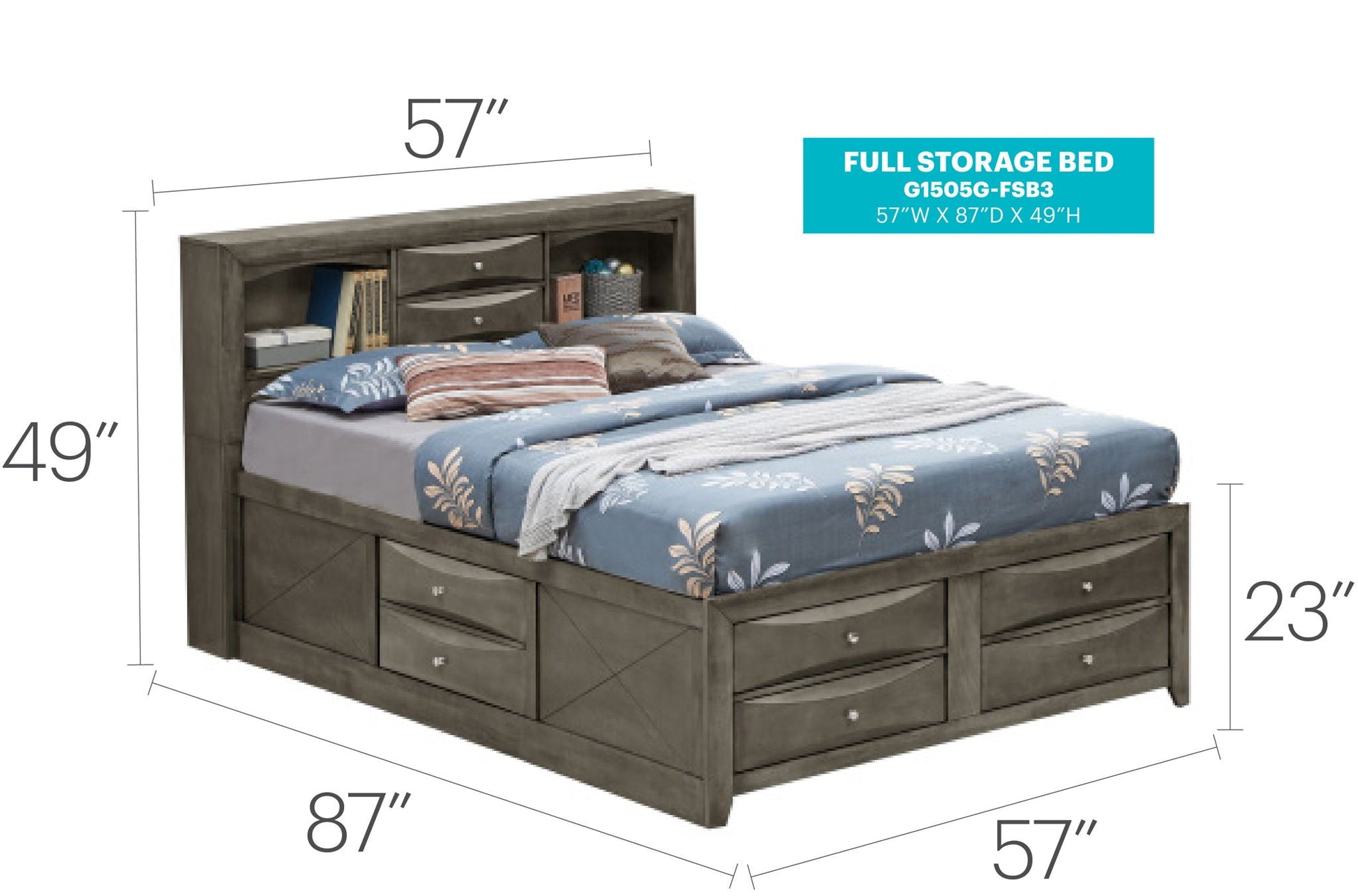 Storage bed with bookcase headboard in grey wood, built-in drawers, HouseOfZazla on Tampa Home & Garden Store