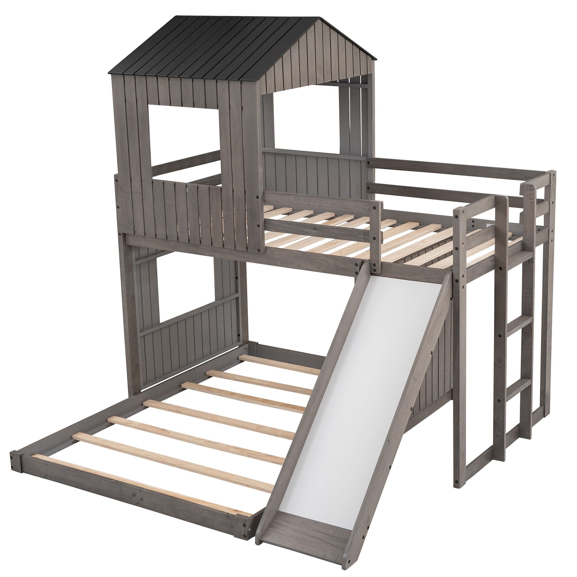 Loft bunk bed with playhouse top in gray wood, ladder and slide HouseOfZazla on Tampa Home & Garden Store