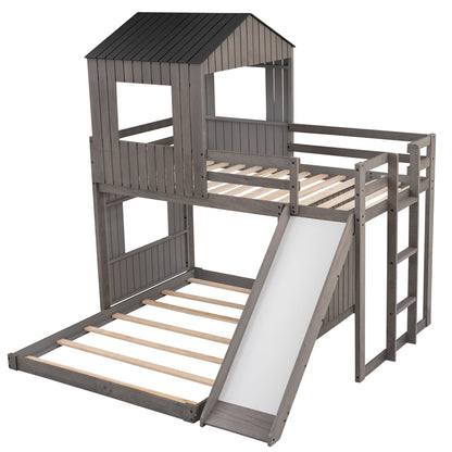 Loft bunk bed with playhouse top in gray wood, ladder and slide HouseOfZazla on Tampa Home & Garden Store