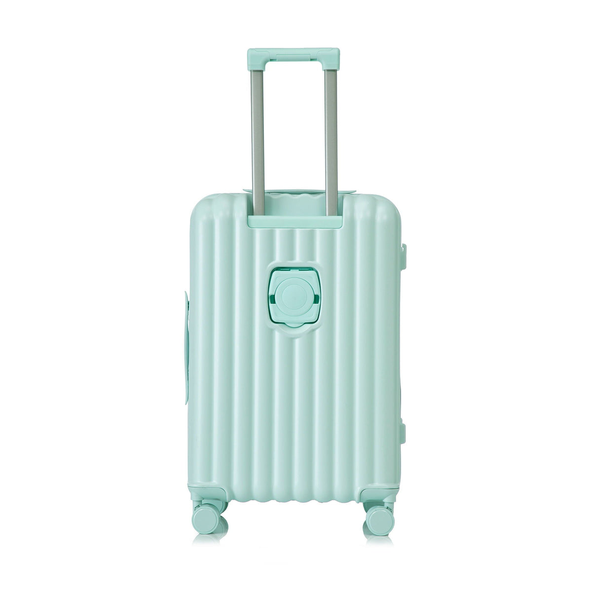 Mint green hard-shell spinner luggage suitcase with extended handle and two visible wheels on Tampa Home & Garden Store