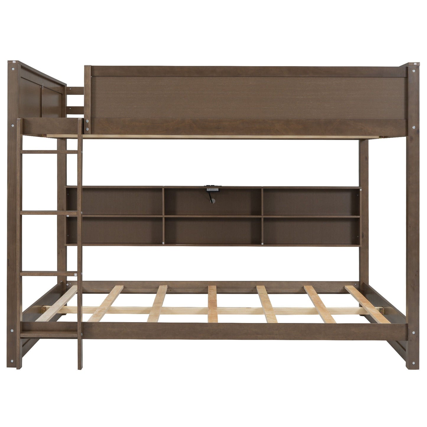 Bunk bed with storage cabinets and USB ports, brown wood finish, HouseOfZazla on Tampa Home & Garden Store