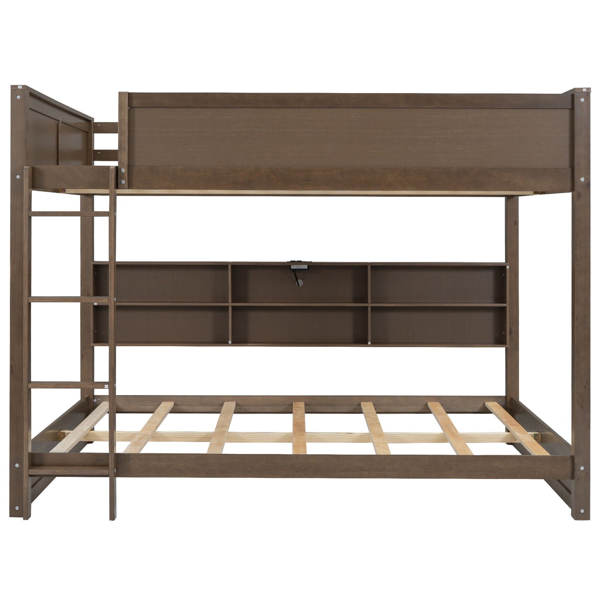 Bunk bed with storage cabinets and USB ports, brown wood finish, HouseOfZazla on Tampa Home & Garden Store
