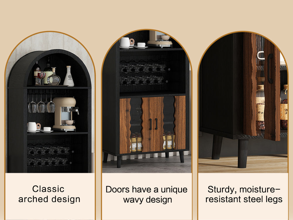 71' Farmhouse Arched Wine Bar Cabinet by HouseOfZazla black wood and oak wine storage on Tampa Home & Garden Store