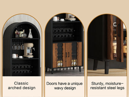71' Farmhouse Arched Wine Bar Cabinet by HouseOfZazla black wood and oak wine storage on Tampa Home & Garden Store