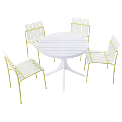 Modern color block outdoor dining set with white slat table and yellow metal chairs on Tampa Home & Garden Store