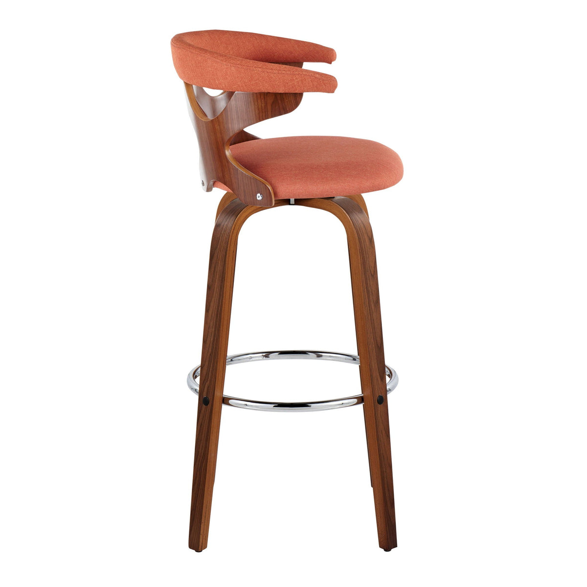 Mid Century Modern Swivel Barstool with orange upholstered seat, wooden curved frame, chrome footring on Tampa Home & Garden Store