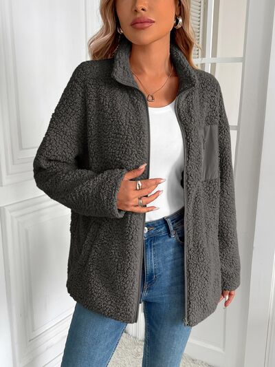 Winter warm zip-up fleece jacket by Stevvex in gray with plush sherpa texture and collar on Tampa Home & Garden Store