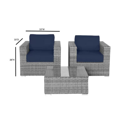 3 Piece Outdoor Seating Set with Cushions in gray wicker; 2 chairs and glass-top table on Tampa Home & Garden Store