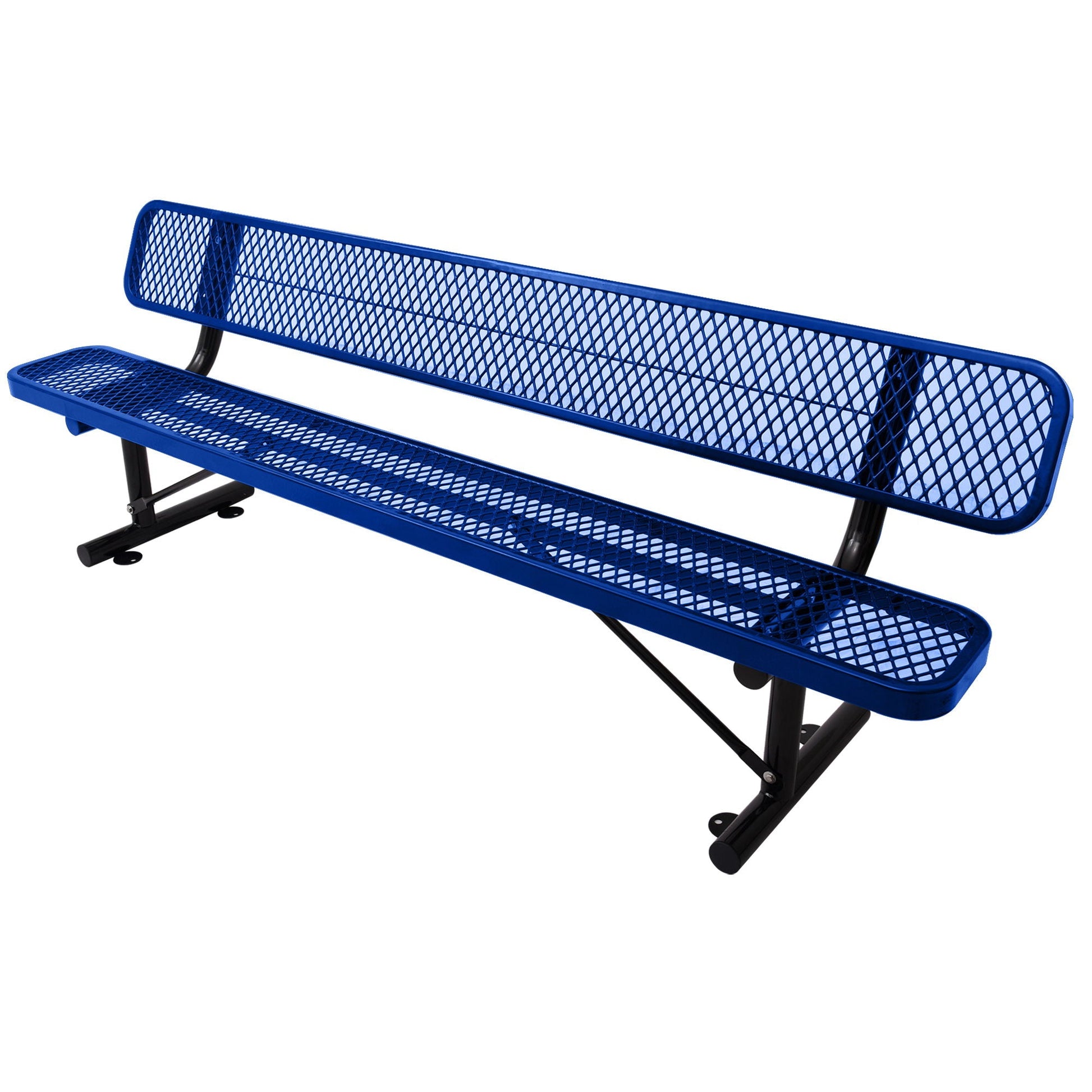 Blue 6' outdoor steel bench with backrest and mesh seating HouseOfZazla on Tampa Home & Garden Store