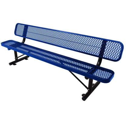 Blue 6' outdoor steel bench with backrest and mesh seating HouseOfZazla on Tampa Home & Garden Store