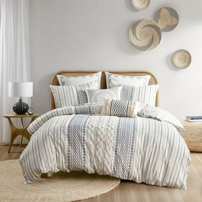 Duvet cover set full/queen in cotton with chenille, blue gray striped pattern HouseOfZazla on Tampa Home & Garden Store