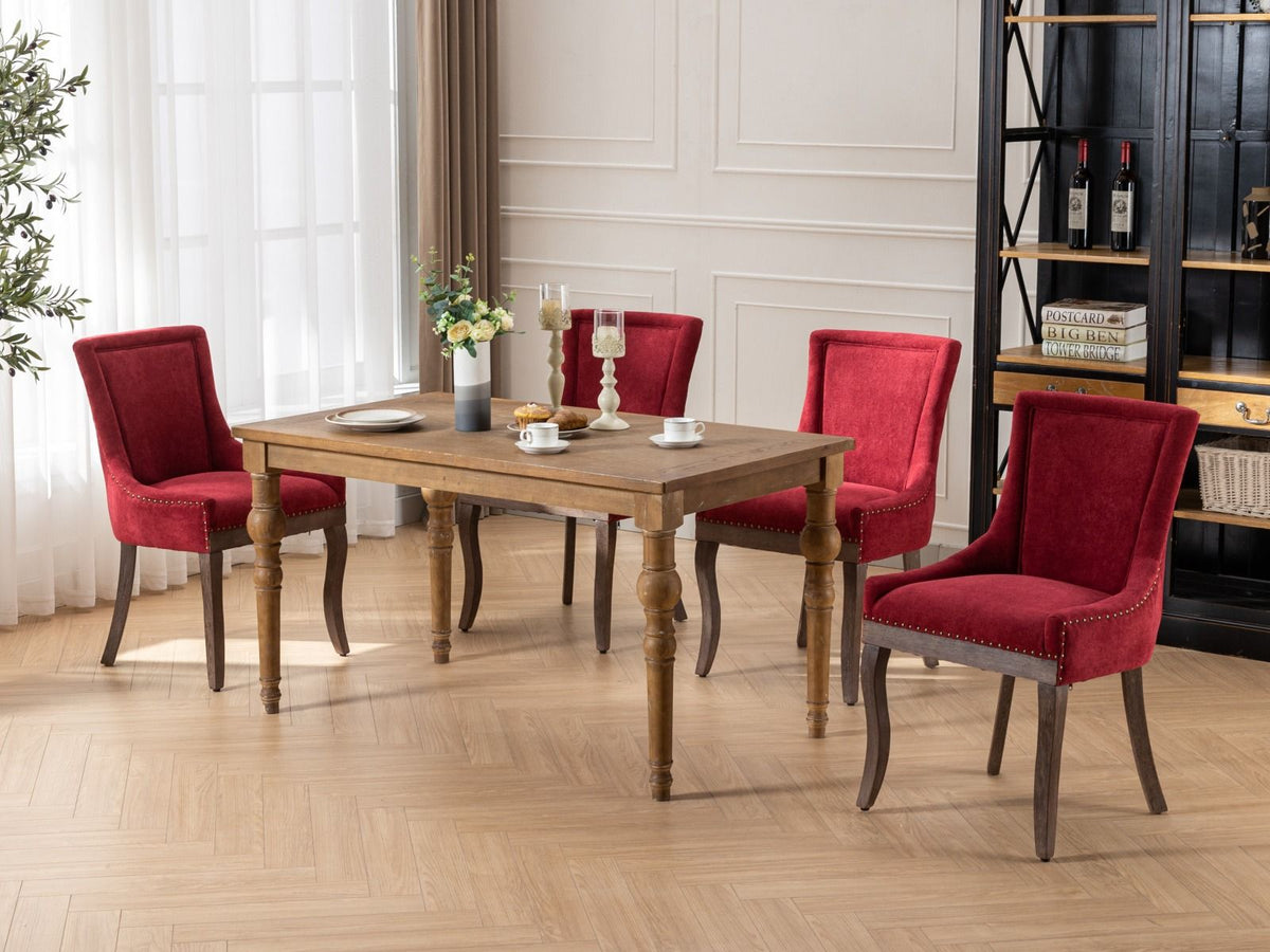Ultra Side Dining Chair Set red velvet chairs with solid wood legs around a wooden table on Tampa Home & Garden Store