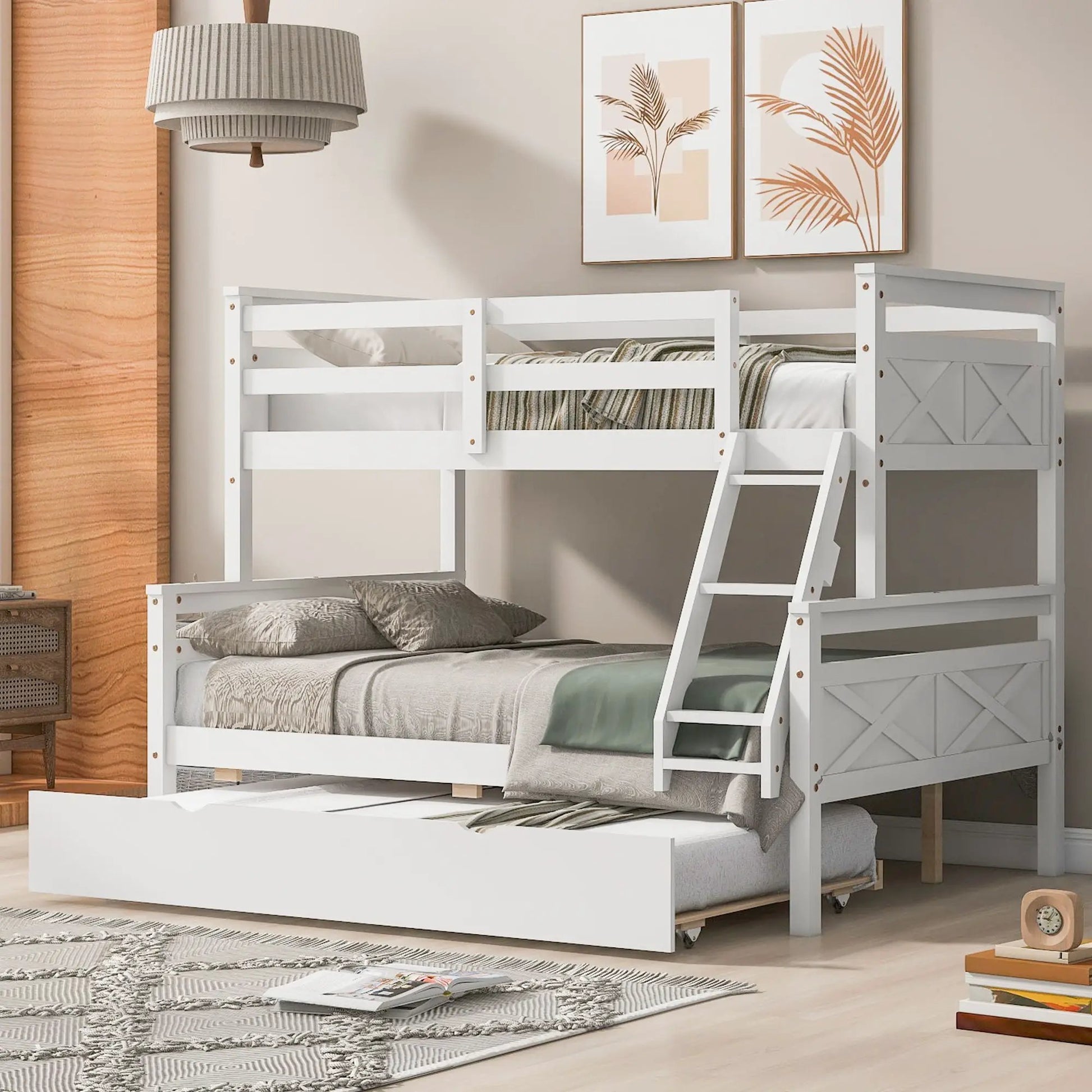 Bunk bed with ladder and safety guardrail, white wooden finish, two beds, sturdy frame on Tampa Home & Garden Store