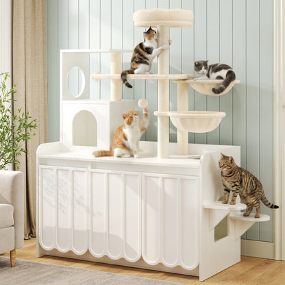 50.6-inch Cat Tree with Litter Box Enclosure, Sisal Posts & Storage by HouseOfZazla, 3 cats on Tampa Home & Garden Store