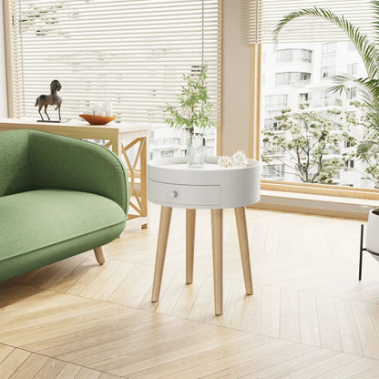 White circular nightstand with a single storage drawer and light wood legs, bedside table on Tampa Home & Garden Store