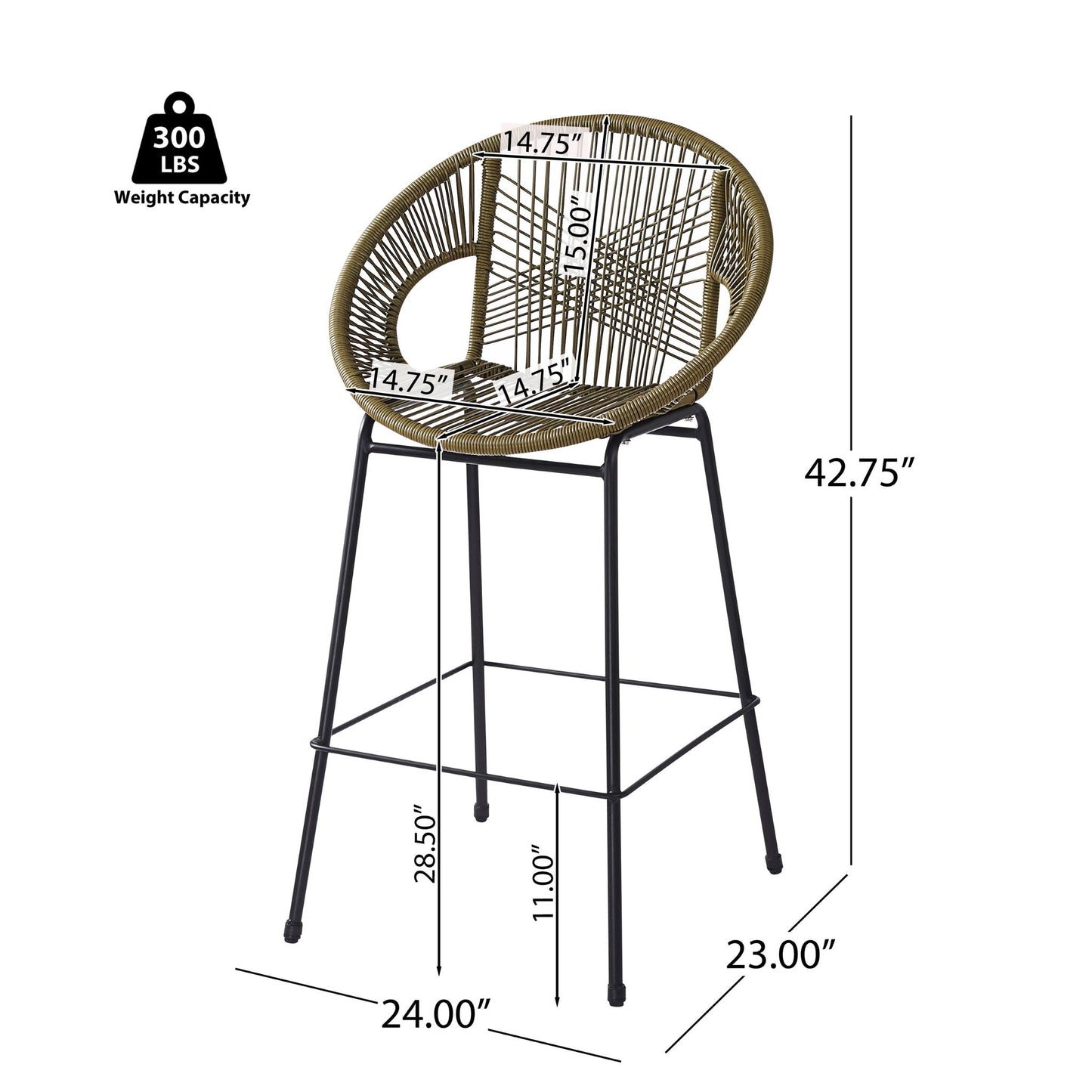 Ferrara outdoor patio barstool set of 2, brown rattan weave with black metal legs by HouseOfZazla on Tampa Home & Garden Store