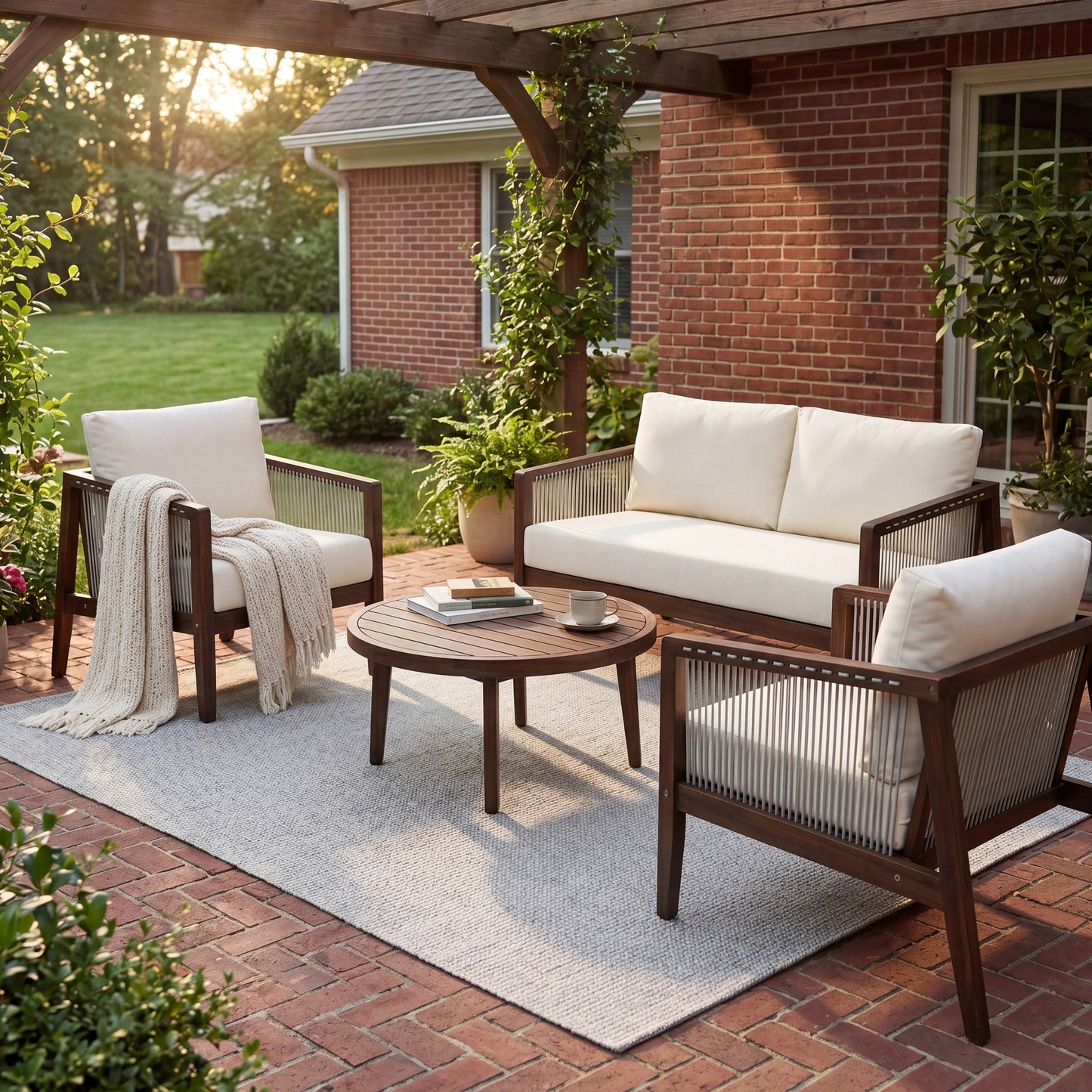 Outdoor 4-piece sofa set with acacia wood frame and rope detail, white cushions HouseOfZazla on Tampa Home & Garden Store
