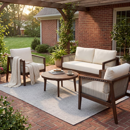 Outdoor 4-piece sofa set with acacia wood frame and rope detail, white cushions HouseOfZazla on Tampa Home & Garden Store