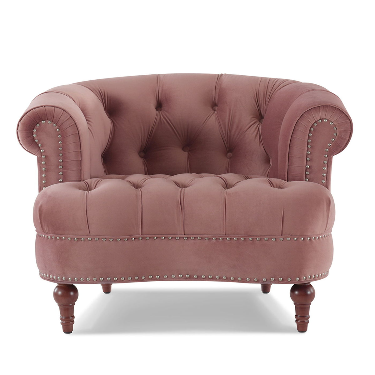 Victorian tufted accent chair in pink velvet with nailhead trim and curved arms on Tampa Home & Garden Store