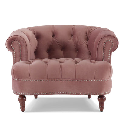Victorian tufted accent chair in pink velvet with nailhead trim and curved arms on Tampa Home & Garden Store