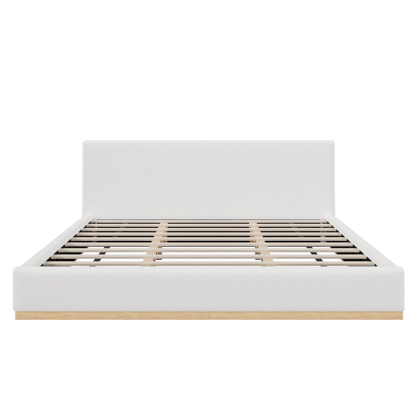 Elegant Upholstered Bed by HouseOfZazla with off-white fabric headboard and wooden slat base on Tampa Home & Garden Store