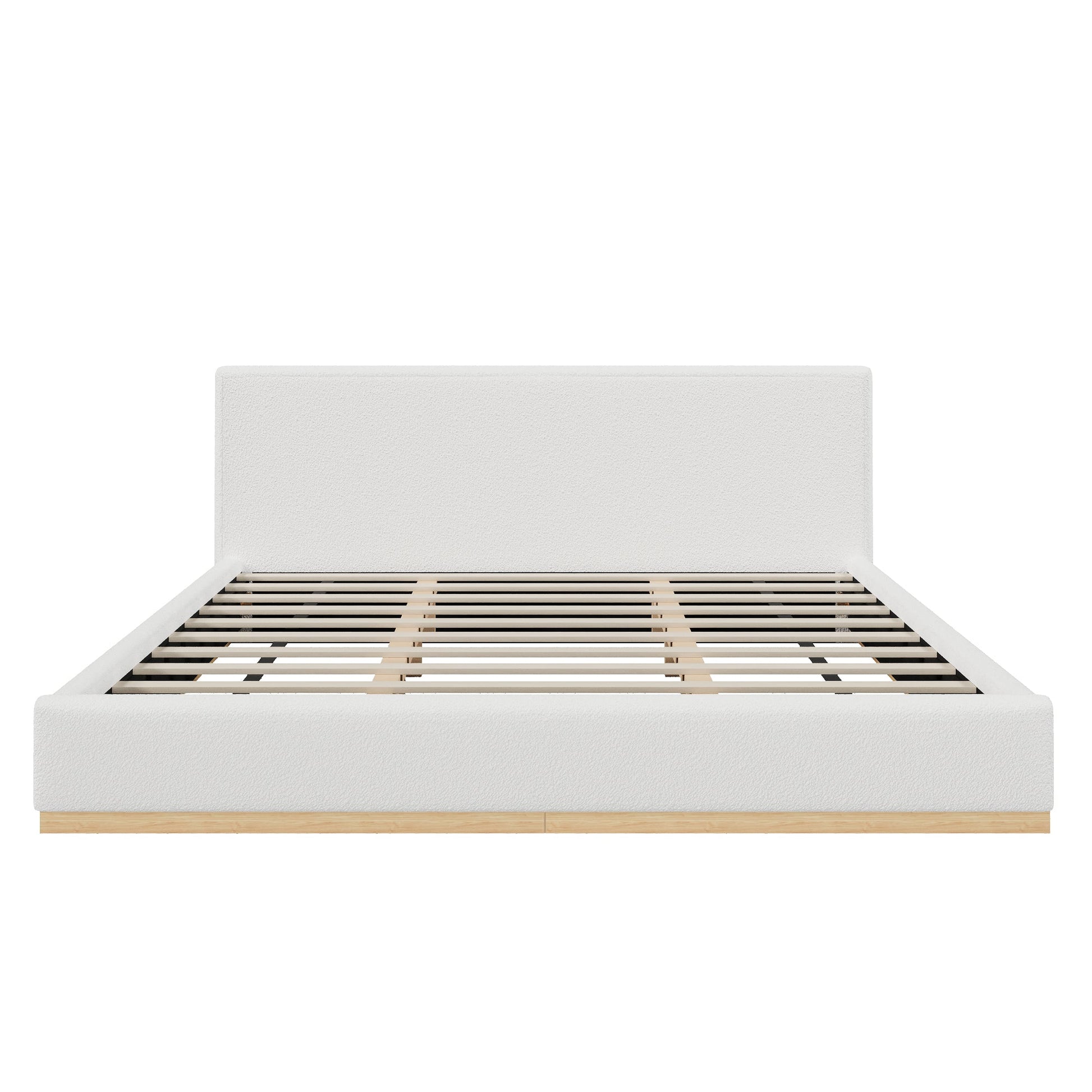 Elegant Upholstered Bed by HouseOfZazla with off-white fabric headboard and wooden slat base on Tampa Home & Garden Store