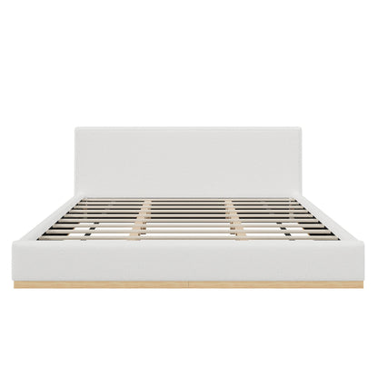 Elegant Upholstered Bed by HouseOfZazla with off-white fabric headboard and wooden slat base on Tampa Home & Garden Store