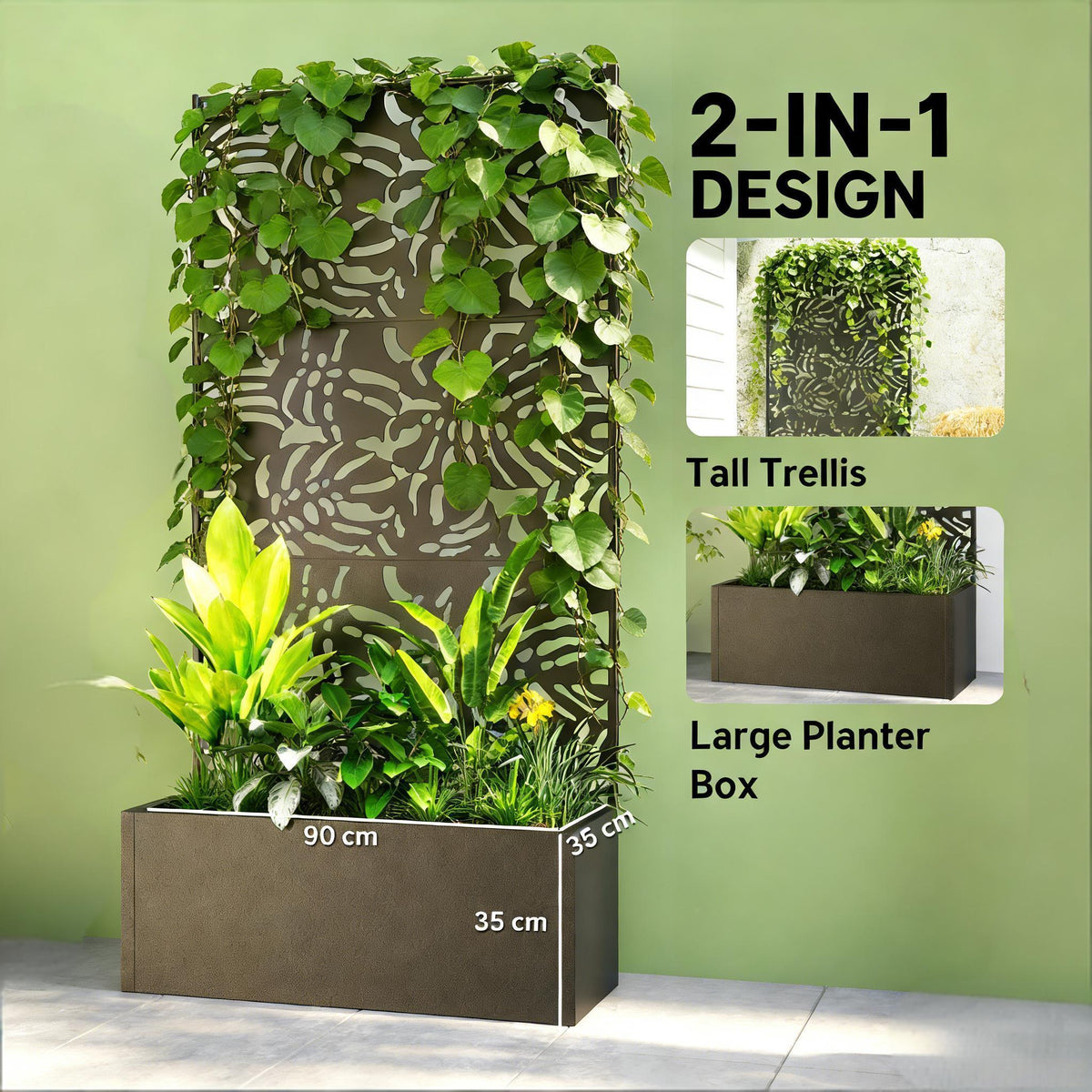 Trellis planters set in black metal boxes with trailing vines on Tampa Home & Garden Store