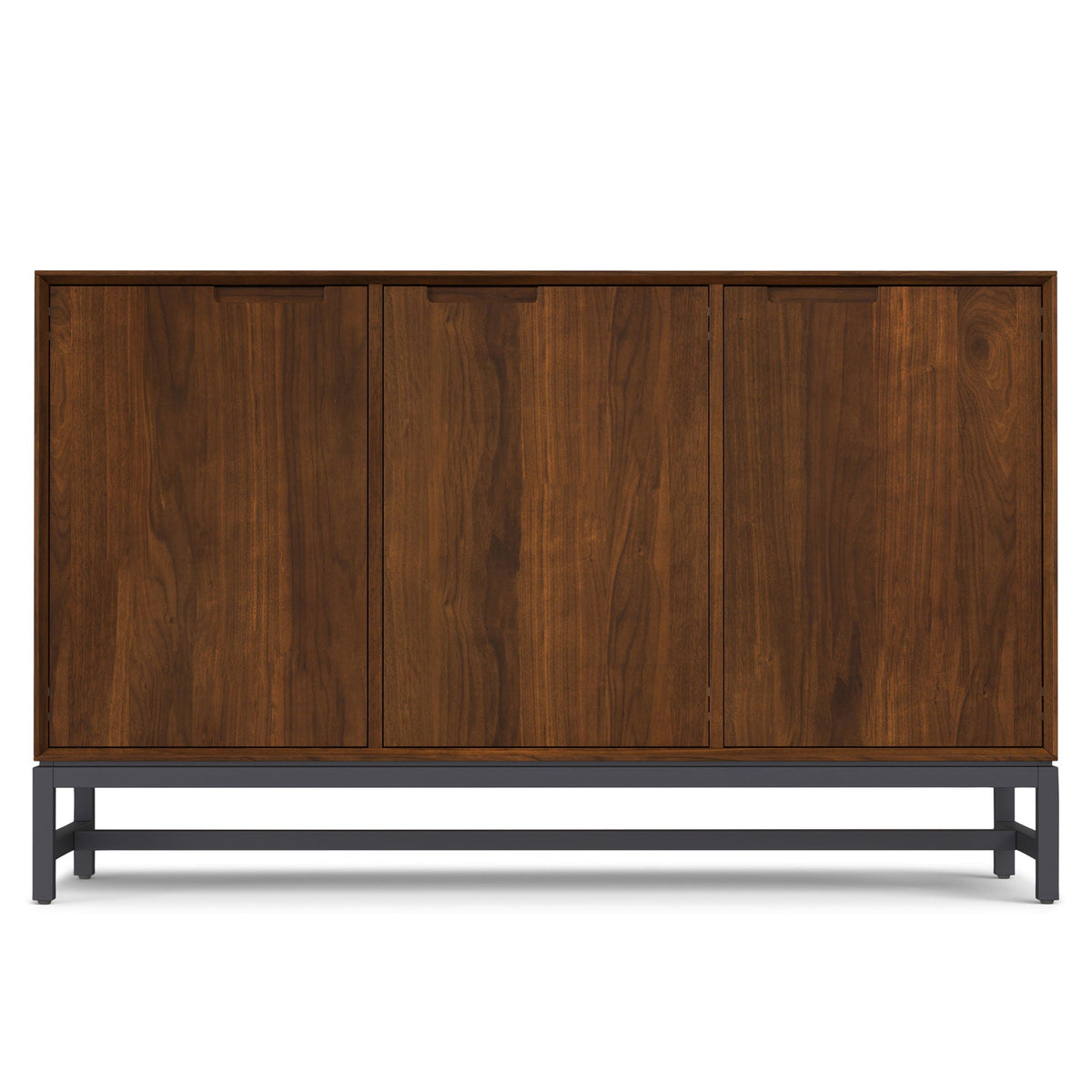Natural walnut 3-door sideboard buffet with dark metal base legs on Tampa Home & Garden Store