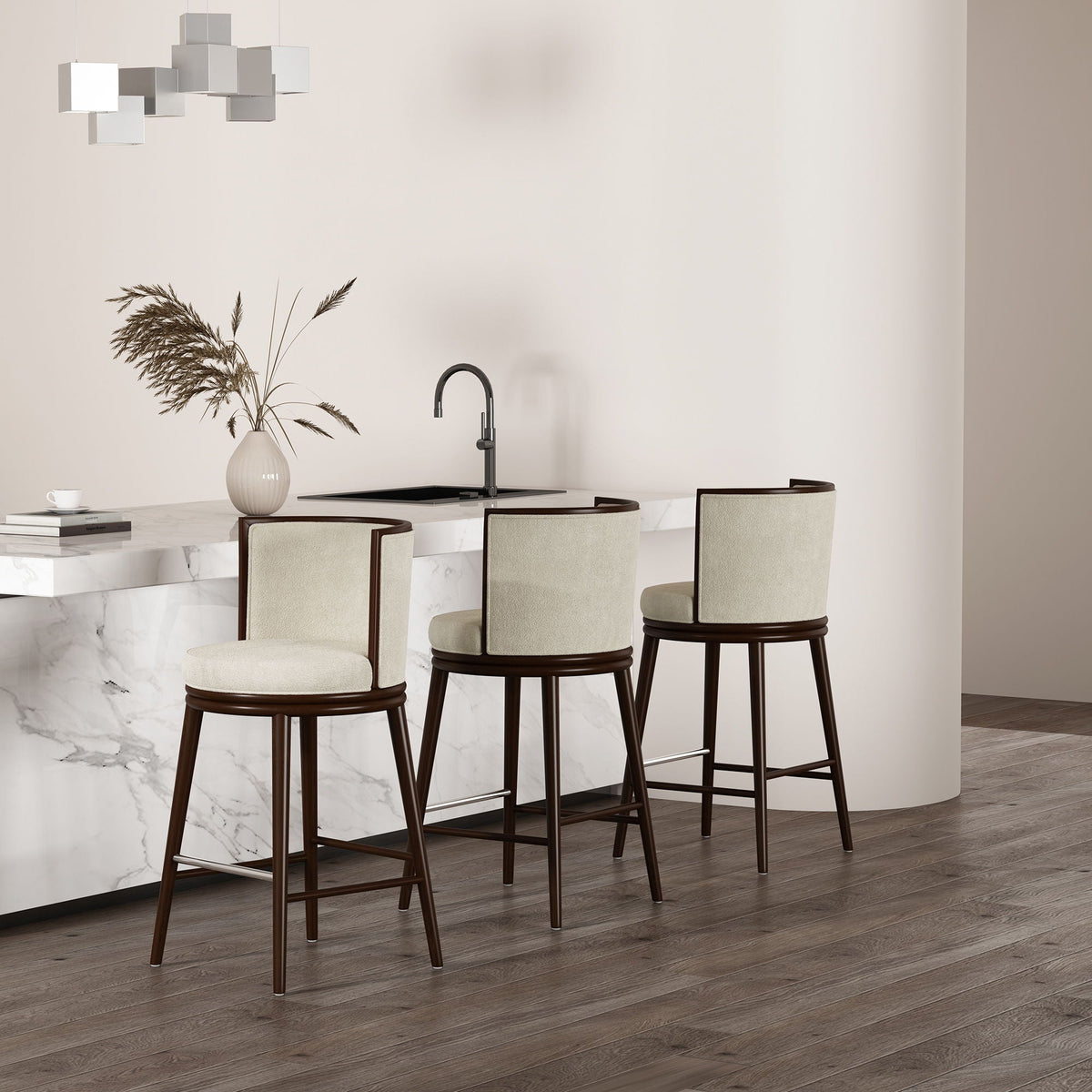 Evalyn Barstool by HouseOfZazla, bar-height 28-30 in, cream upholstery, dark wood base on Tampa Home & Garden Store