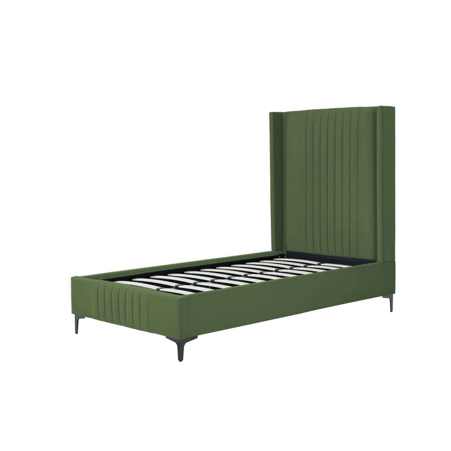 Promenade upholstered bed olive green fabric with tall channel-tufted headboard and slatted base on Tampa Home & Garden Store