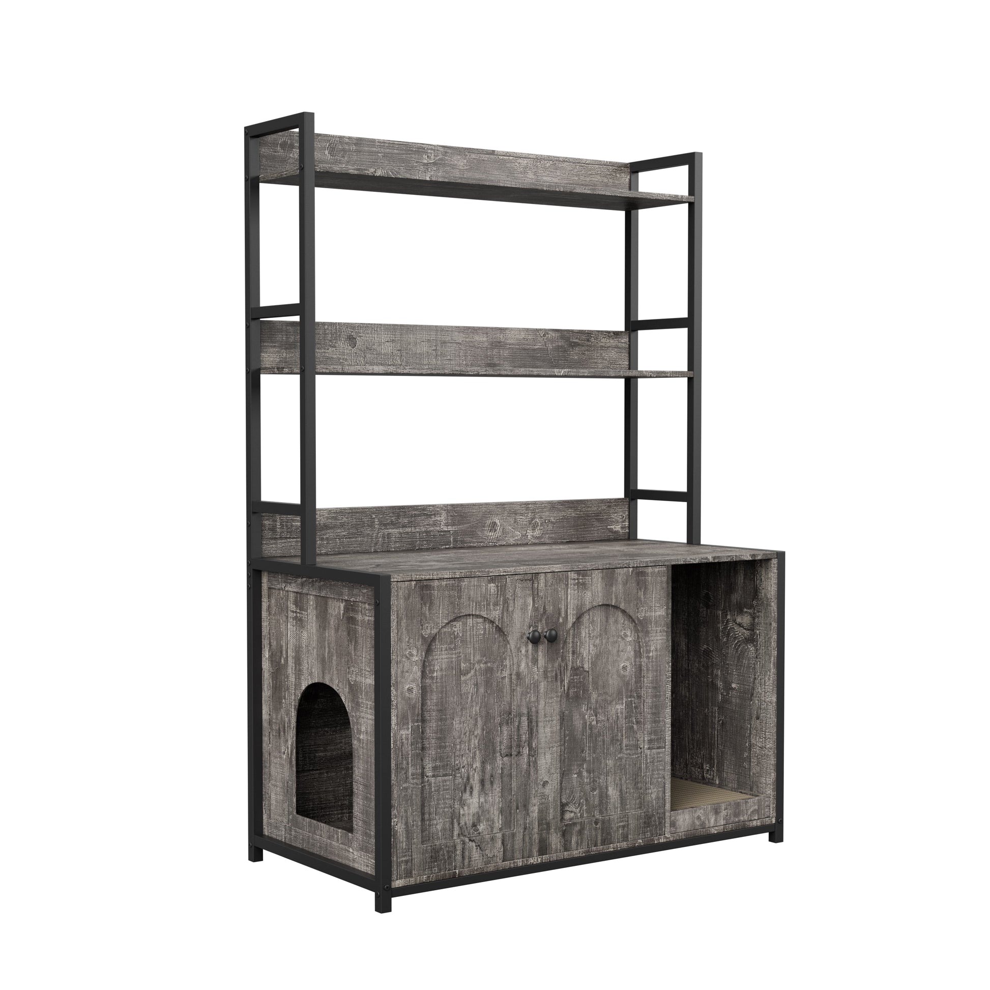 Large Cat Litter Box Enclosure with Shelf Storage in gray wood and black metal frame on Tampa Home & Garden Store