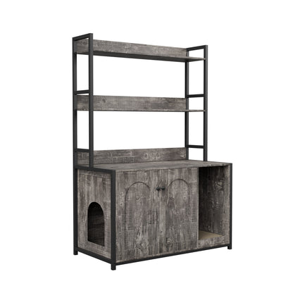 Large Cat Litter Box Enclosure with Shelf Storage in gray wood and black metal frame on Tampa Home & Garden Store