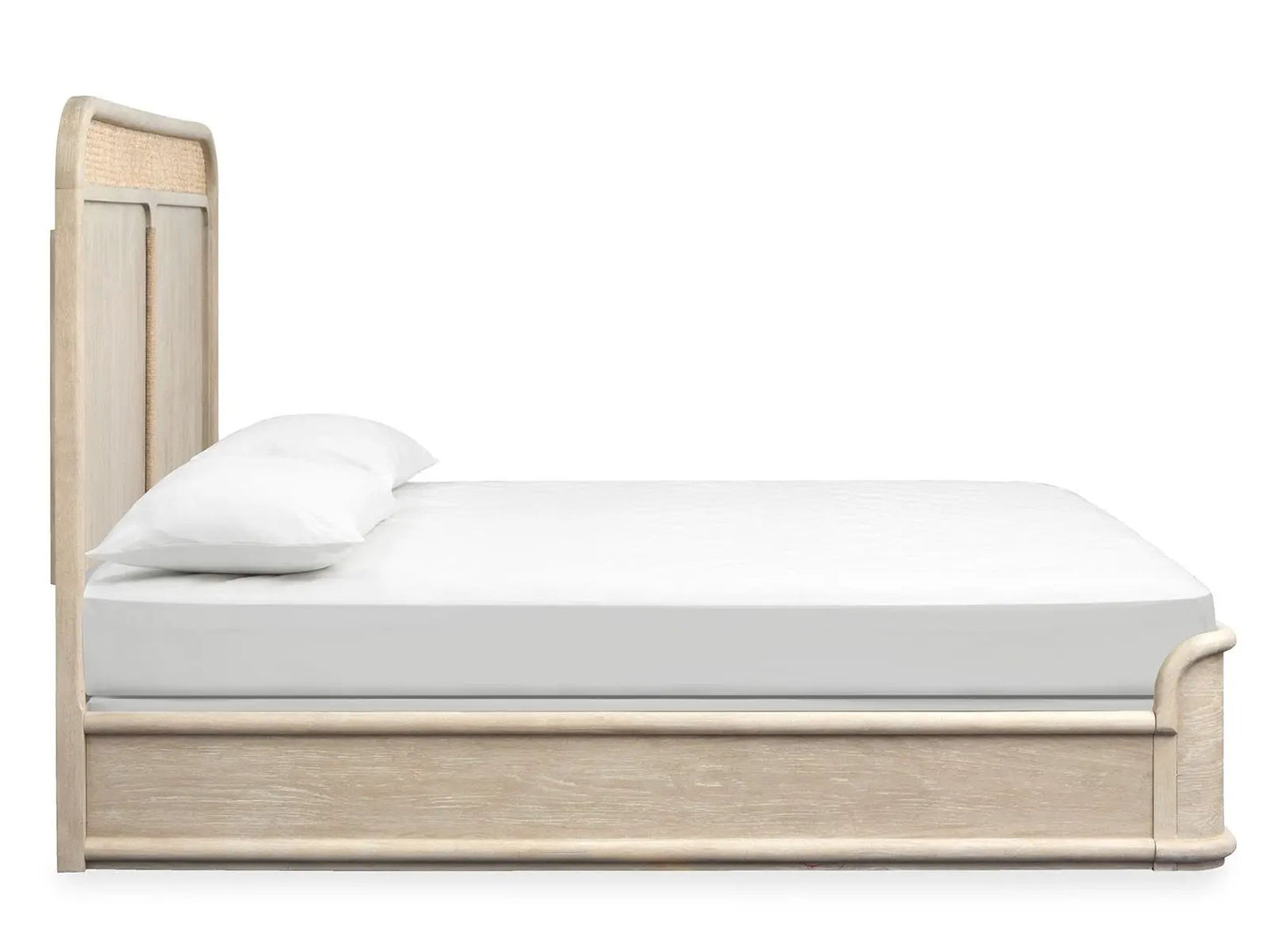 Sunset Cove Panel Bed in light natural wood with a woven headboard and white bedding on Tampa Home & Garden Store