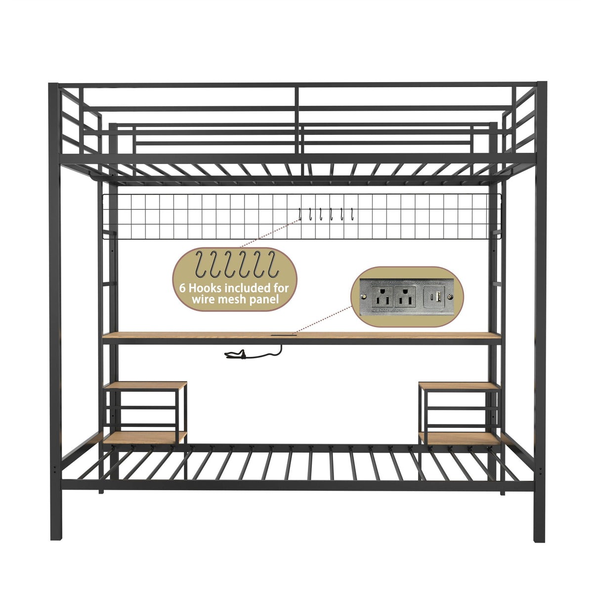 Bunk bed Ethan with desk and storage shelves in black metal frame with charging station on Tampa Home & Garden Store