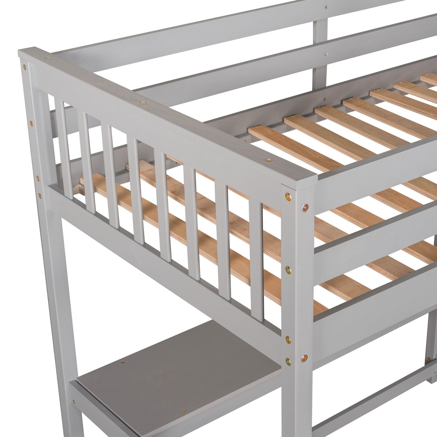 Loft bed frame with storage shelves and under-bed desk in gray wood by HouseOfZazla on Tampa Home & Garden Store