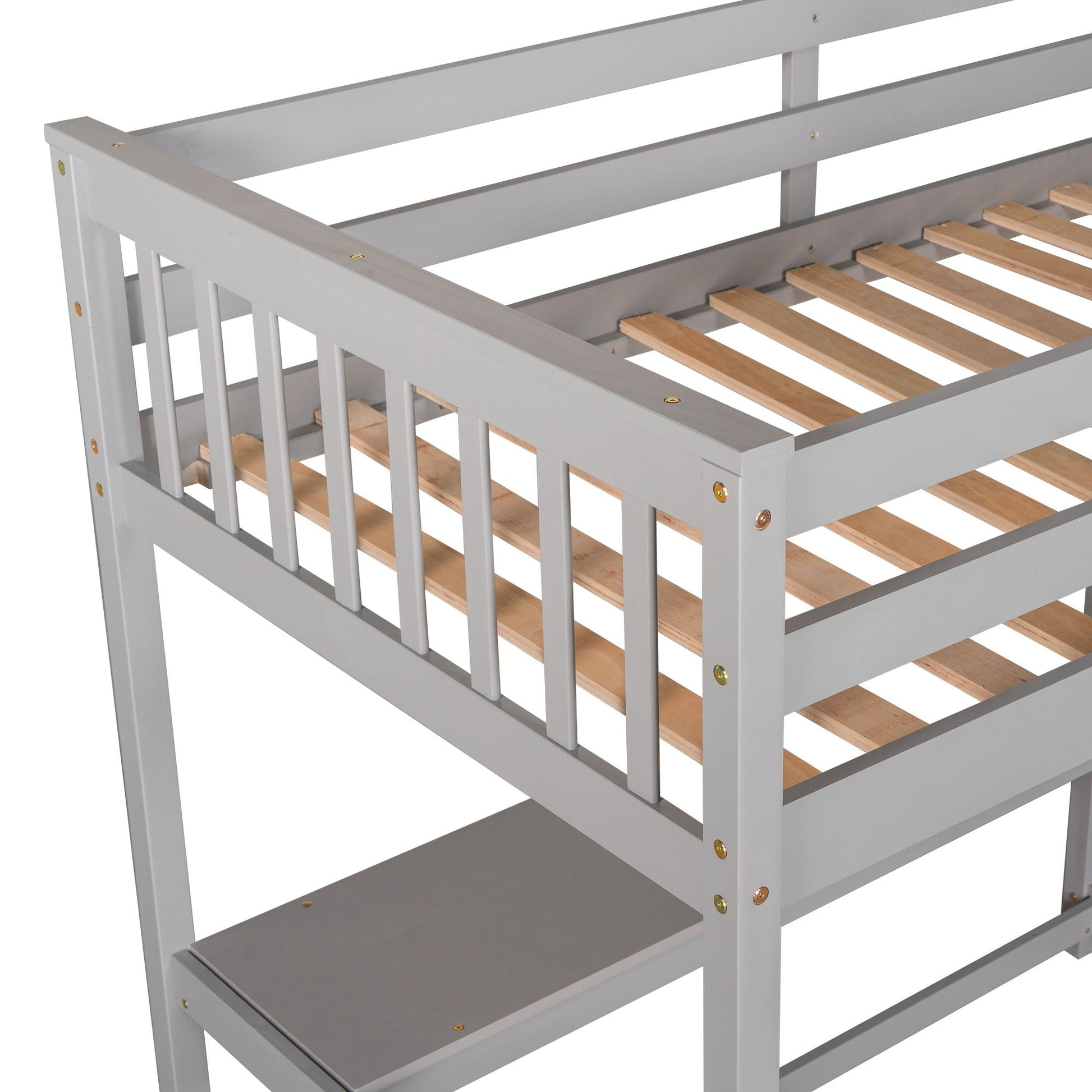 Loft bed frame with storage shelves and under-bed desk in gray wood by HouseOfZazla on Tampa Home & Garden Store