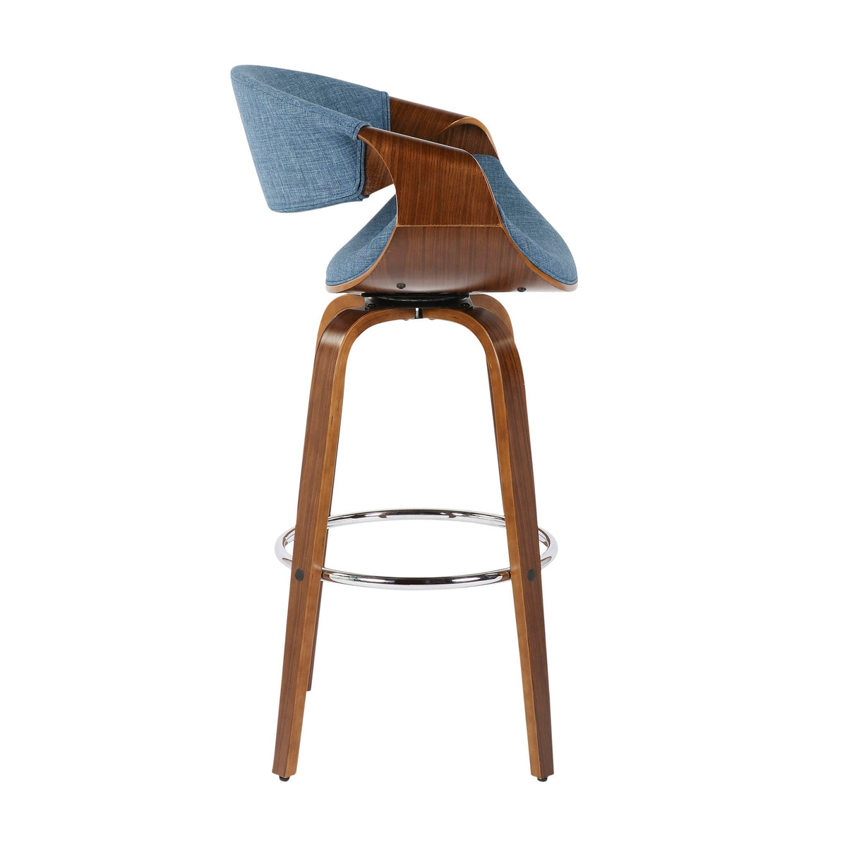 Mid-Century Modern Swivel Barstool with walnut frame and blue upholstery on Tampa Home & Garden Store