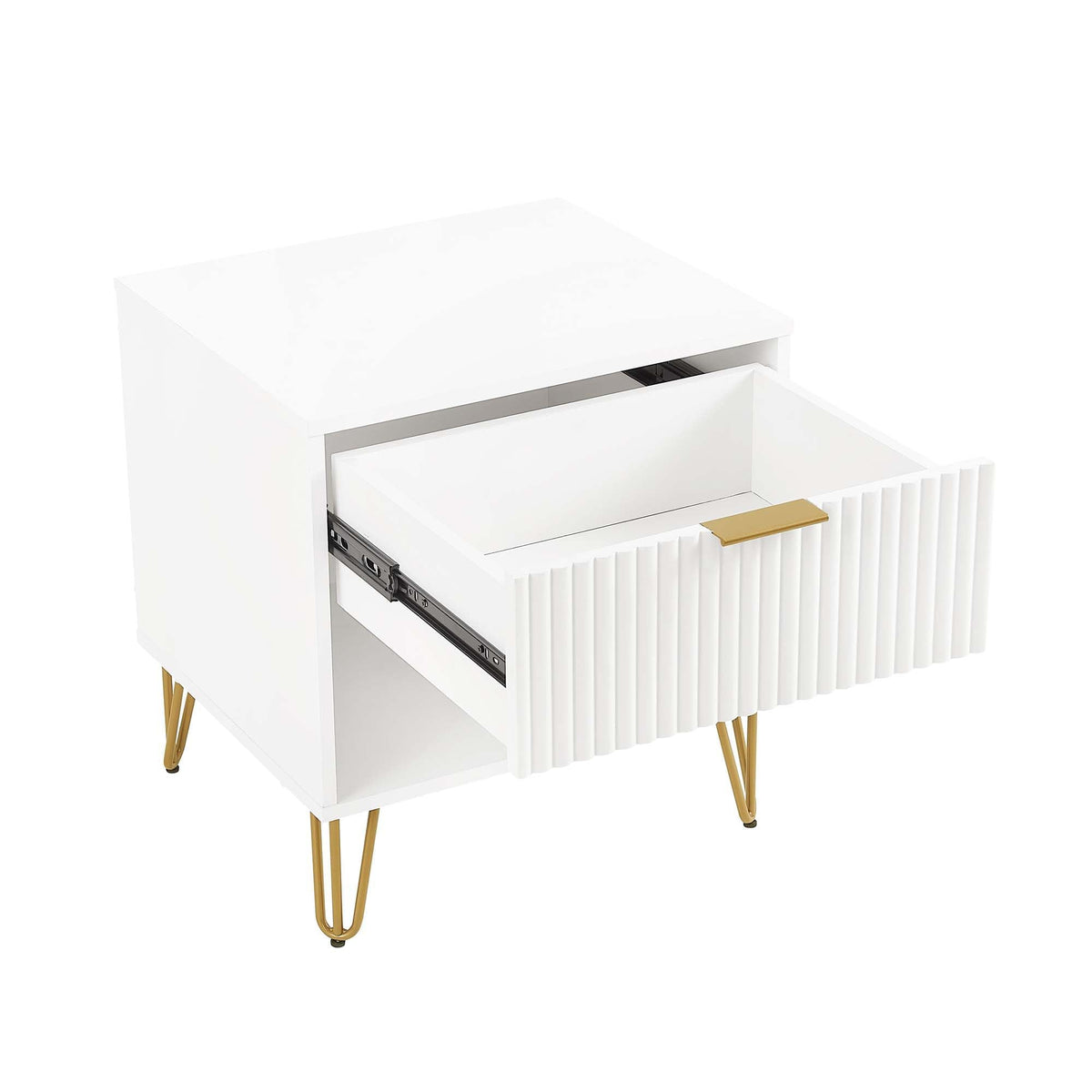Modern white nightstand with a fluted drawer front, gold bar handle, and gold hairpin legs on Tampa Home & Garden Store